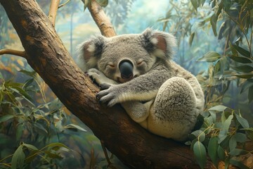 Fototapeta premium Koala resting peacefully on a tree branch in a serene forest environment during daylight