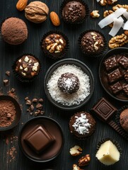 Assorted homemade chocolate truffles with nuts and coconut on a dark background for dessert lovers. Generative AI