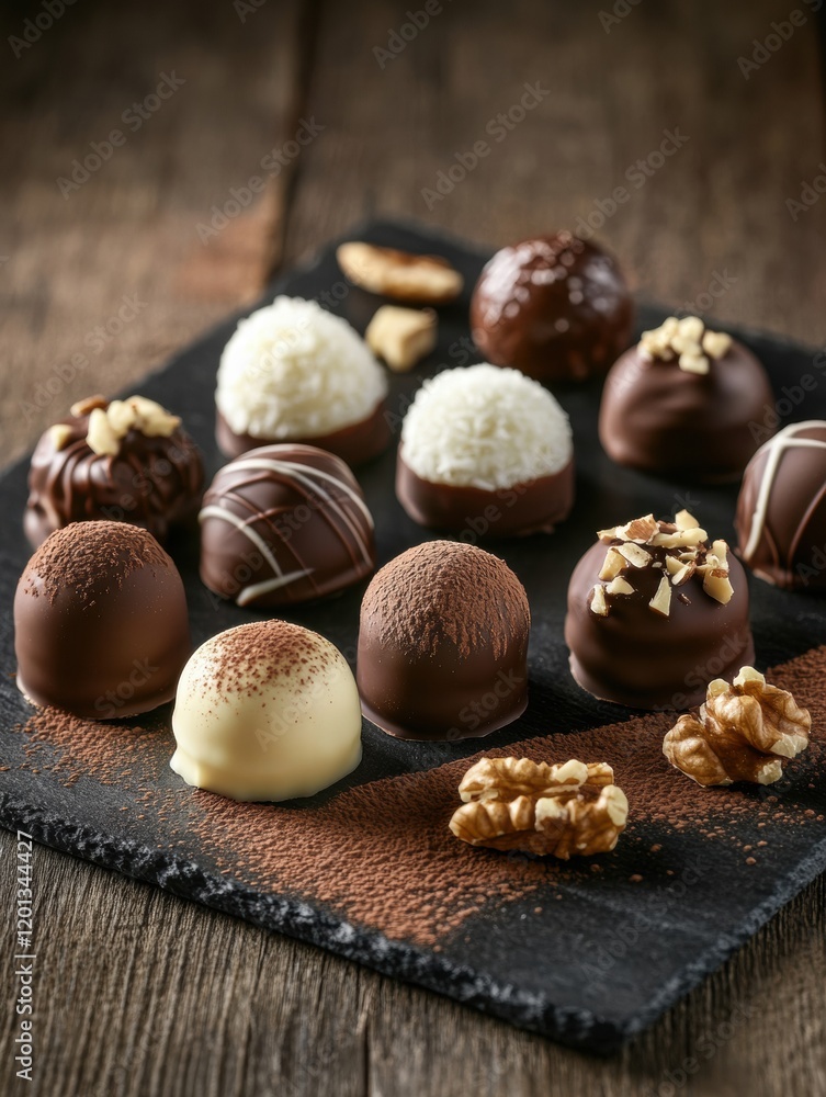 Poster artfully arranged assorted chocolate truffles placed on a rustic wooden table with textures highligh