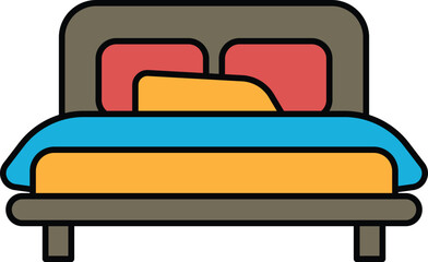 A cartoon bed with a comforter and pillows