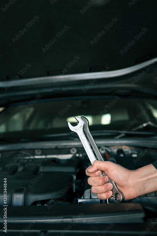 Poster a mechanic's hand holding two wrenches over an open car engine, showcasing tools used for vehicle ma