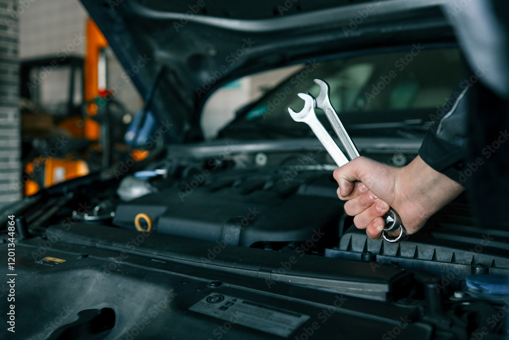 Poster a mechanic's hand holding two wrenches over an open car engine, showcasing tools used for vehicle ma