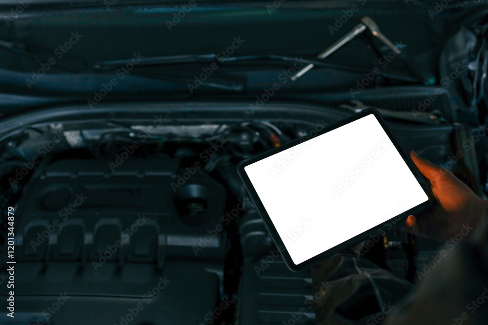 Poster a tablet with a blank screen held by a mechanic above a car engine, symbolizing modern diagnostic to