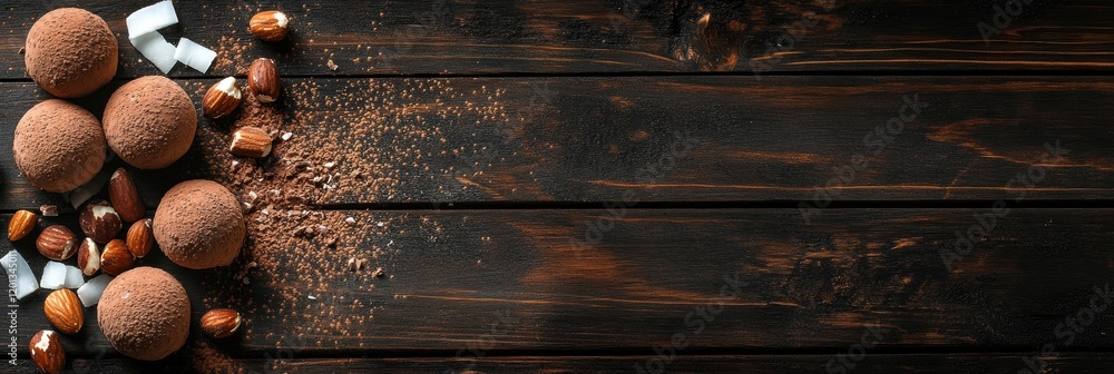 Aufkleber homemade chocolate truffles with hazelnuts and sugar on dark wooden surface creating a rustic desser