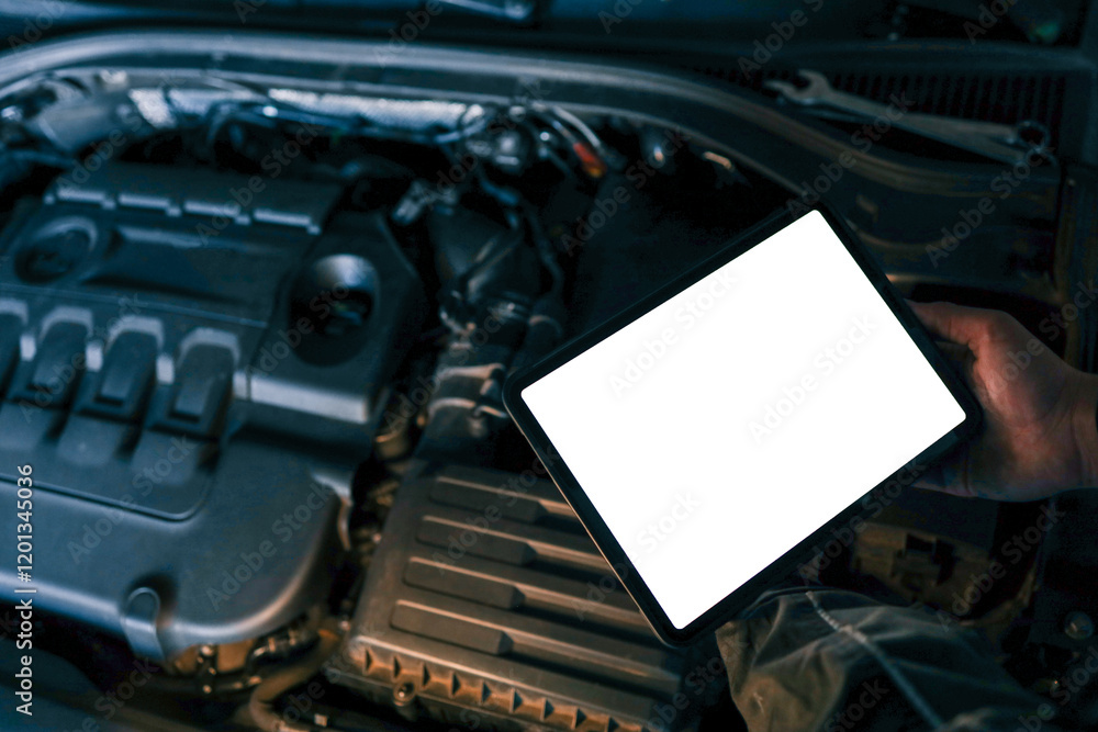 Poster A tablet with a blank screen held by a mechanic above a car engine, symbolizing modern diagnostic tools for vehicle maintenance and repair. The engine is visible in the background