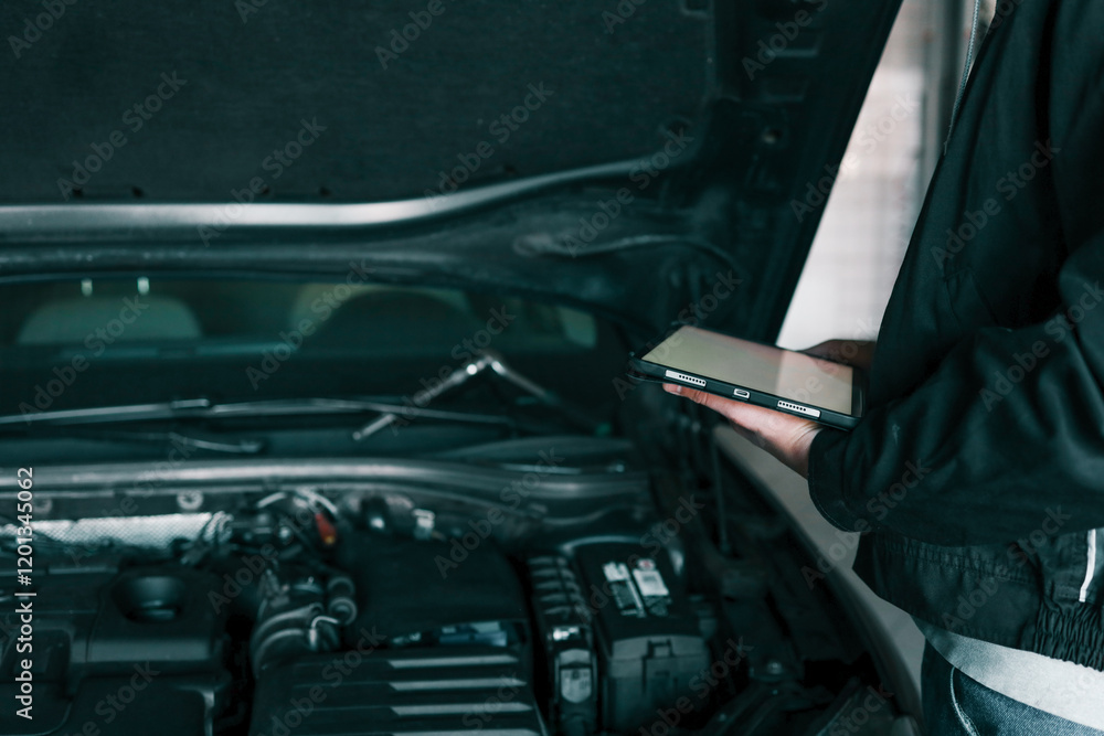 Poster a mechanic holding a tablet while inspecting a car engine in a workshop. the focus is on the integra