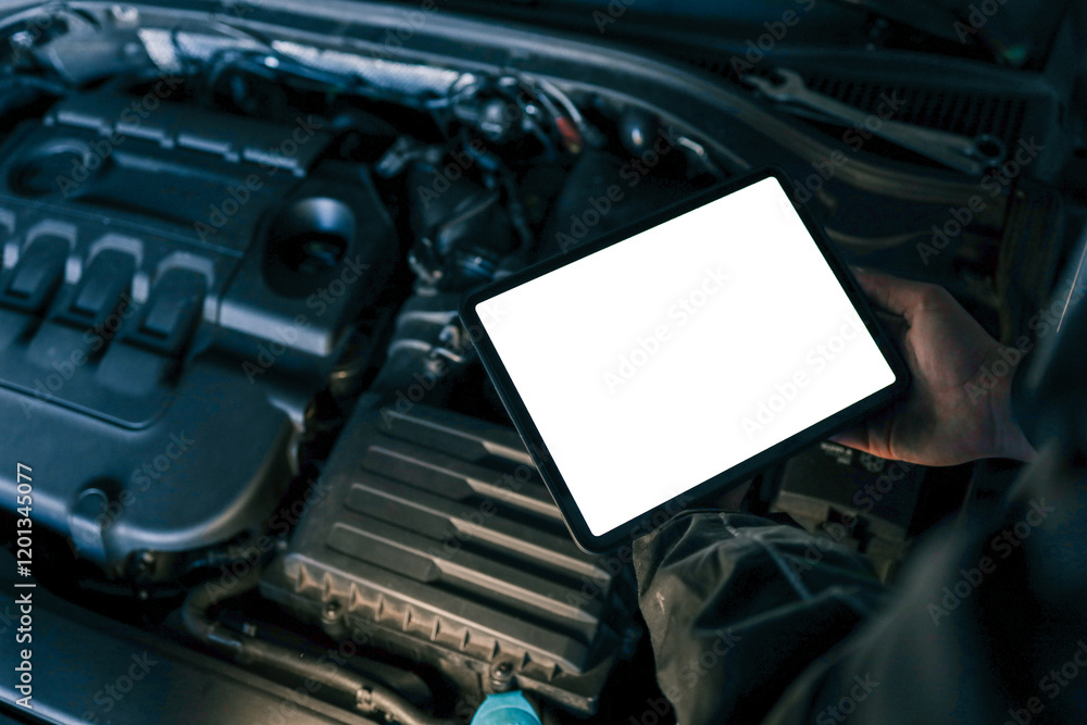Poster a tablet with a blank screen held by a mechanic above a car engine, symbolizing modern diagnostic to