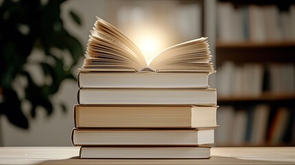 Naklejka premium An open book rests atop a stack of closed books, with a warm glow emanating from its pages, symbolizing knowledge and enlightenment.