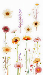 Beautiful floral set with watercolor hand drawn summer wild field flowers. Stock illustration. Clip art, hand-drawn digital illustration, with white tones