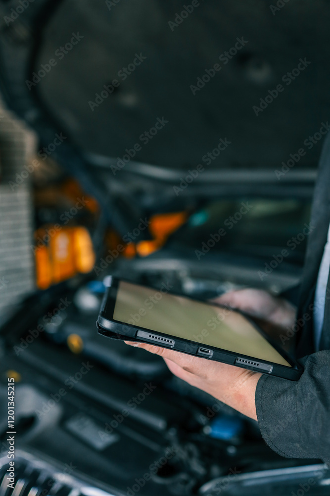 Poster a mechanic holding a tablet while inspecting a car engine in a workshop. the focus is on the integra