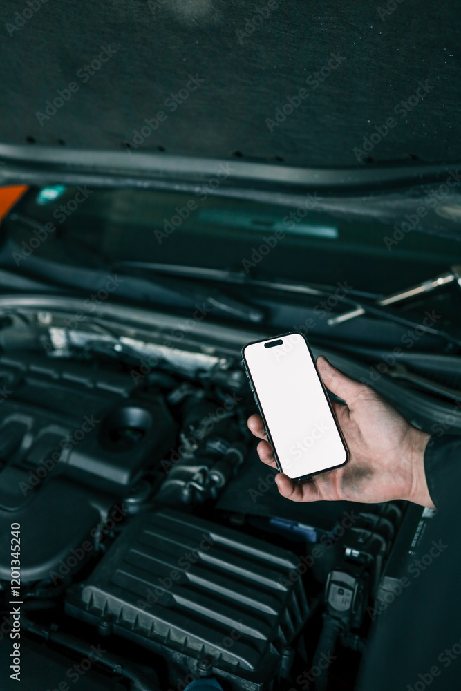 Poster Mechanic holding a smartphone with a blank white screen in front of an open car engine for diagnostics or maintenance. Indoor workshop setting