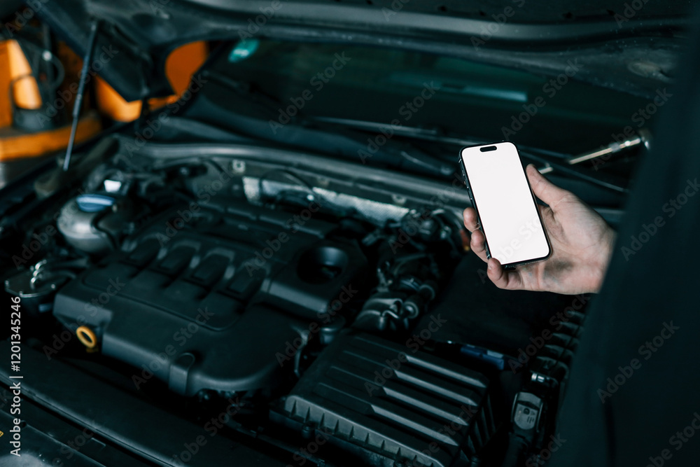 Aufkleber Mechanic holding a smartphone with a blank white screen in front of an open car engine for diagnostics or maintenance. Indoor workshop setting