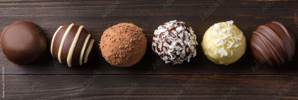 Poster assorted gourmet chocolate truffles arranged on a rustic wooden table ready for tasting and enjoymen