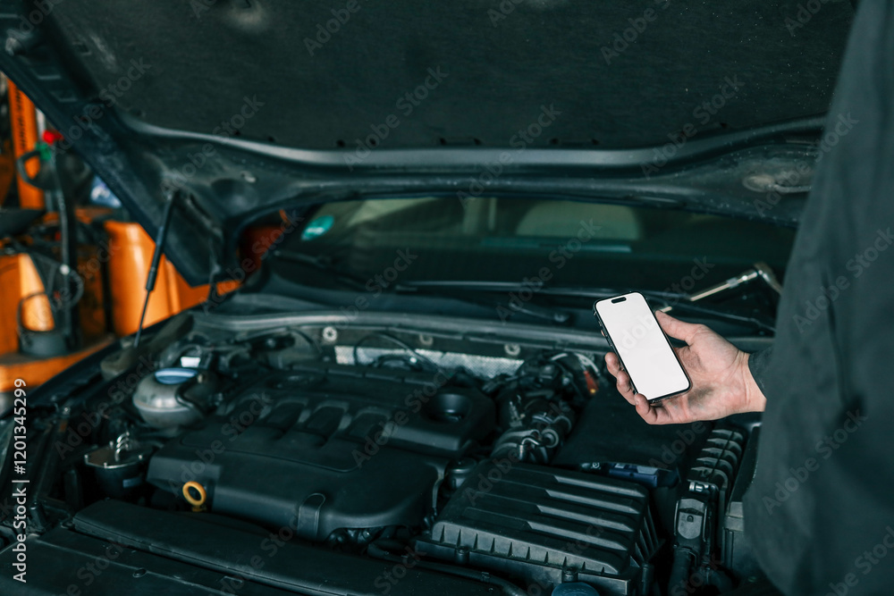 Poster mechanic holding a smartphone with a blank white screen in front of an open car engine for diagnosti