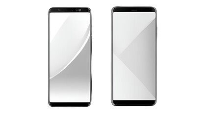 Two modern smartphones with blank screens isolated transparent background mockup for app presentation