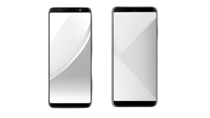 Two modern smartphones with blank screens isolated transparent background mockup for app presentation