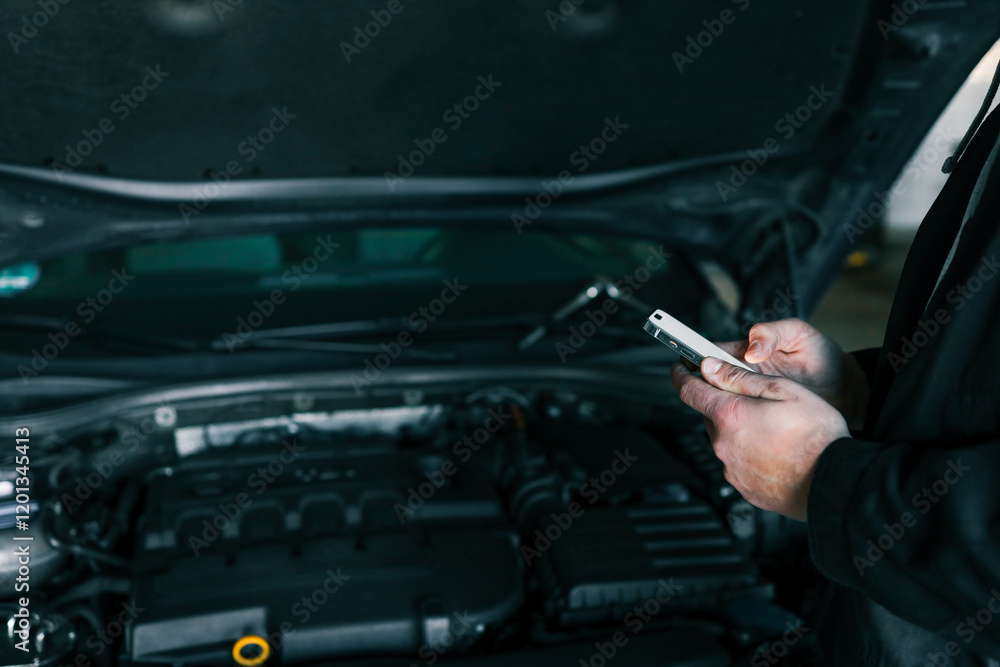Poster Mechanic using a smartphone while inspecting an engine under the open hood of a car in a professional garage. Modern technology in automotive diagnostics and repair