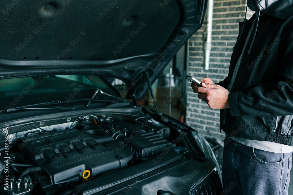 Aufkleber mechanic using a smartphone while inspecting an engine under the open hood of a car in a professiona