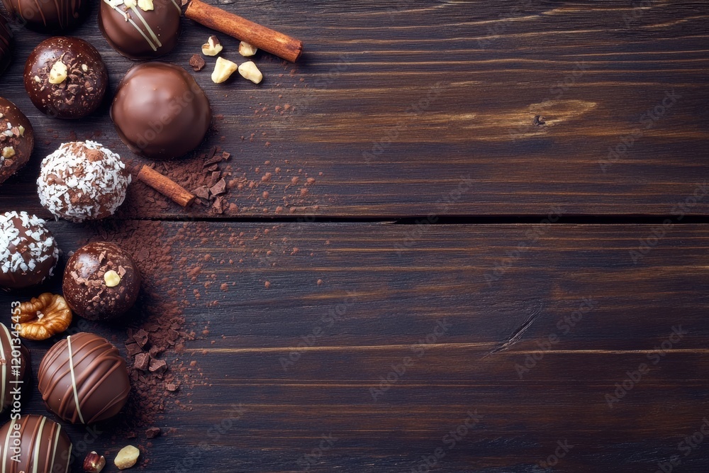 Aufkleber delicious chocolate truffles arranged on a rustic wooden table with spices and nuts. generative ai