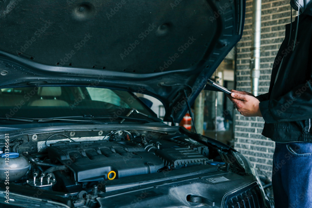 Poster mechanic standing near an open car hood with a tablet, conducting vehicle diagnostics in a professio