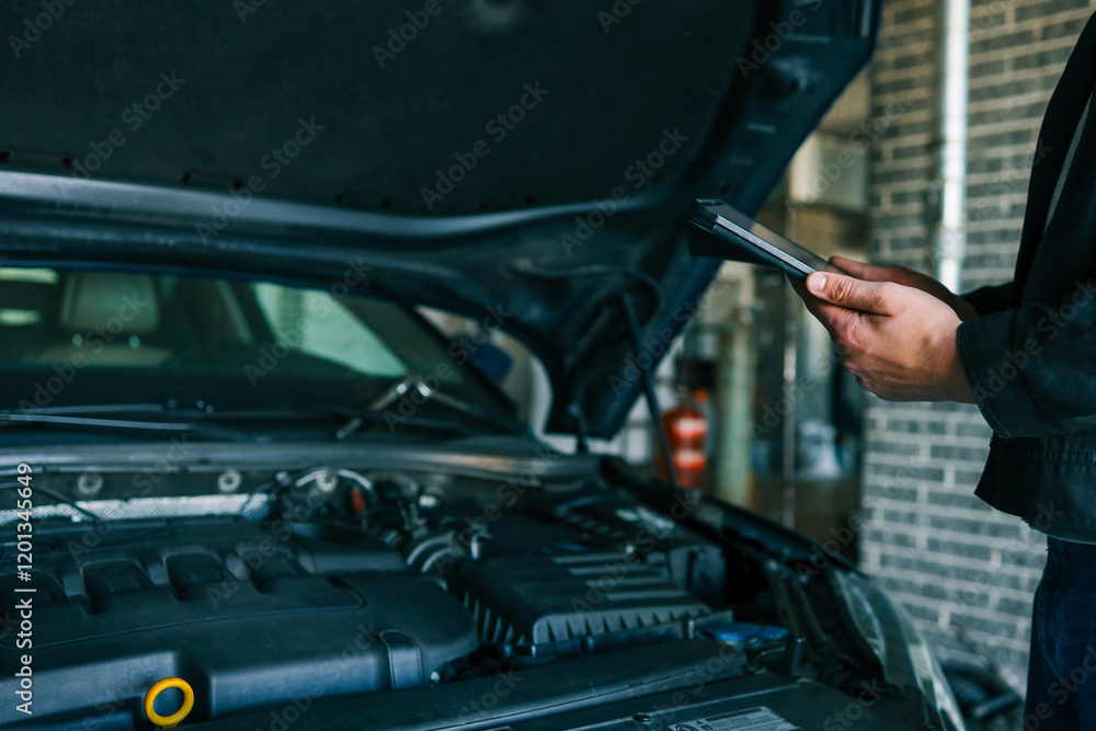 Aufkleber a mechanic holding a tablet while inspecting a car engine in a workshop. the focus is on the integra
