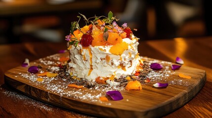 A rustic sponge cake covered in whipped cream and adorned with seasonal fruits, displayed on a wooden serving board with scattered flower petals