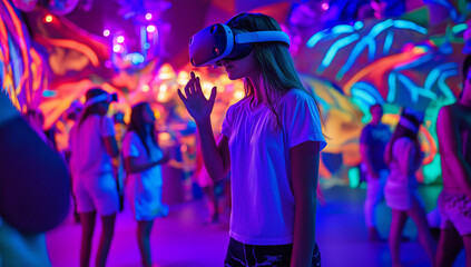 A young woman uses a VR headset and smartphone, immersed in a colorful, vibrant environment. Others in the background also engage with tech.