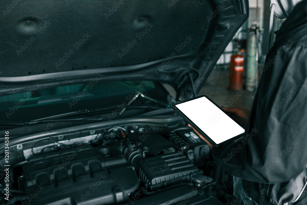 Poster A tablet with a blank screen held by a mechanic above a car engine, symbolizing modern diagnostic tools for vehicle maintenance and repair. The engine is visible in the background