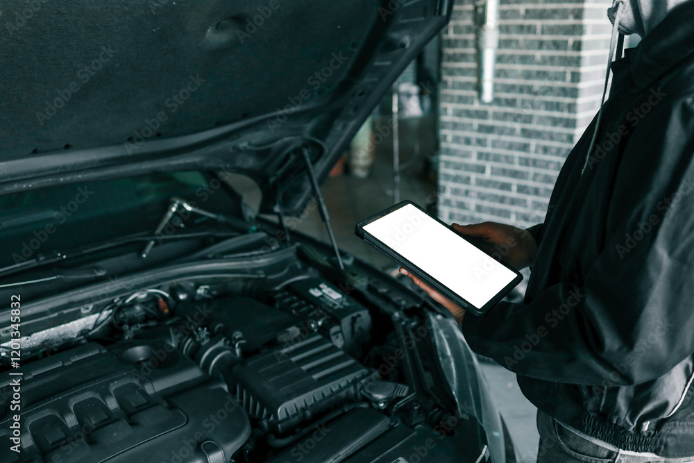 Aufkleber a tablet with a blank screen held by a mechanic above a car engine, symbolizing modern diagnostic to