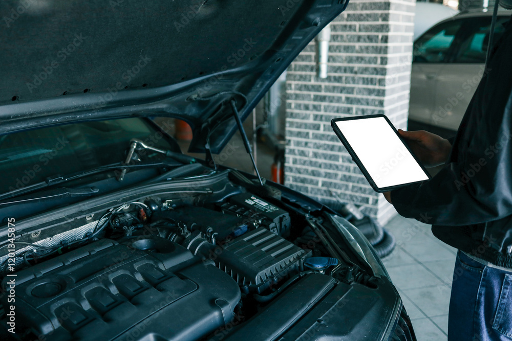 Poster a tablet with a blank screen held by a mechanic above a car engine, symbolizing modern diagnostic to