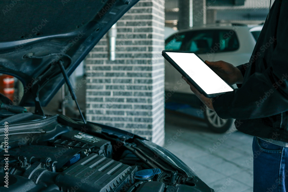 Poster a tablet with a blank screen held by a mechanic above a car engine, symbolizing modern diagnostic to