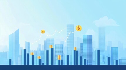 Fototapeta premium Modern Cityscape with Financial Growth Concept Featuring Skyscrapers, Dollar Symbols, and a Graph Indicating Economic Recovery and Prosperity in a Blue Sky Background