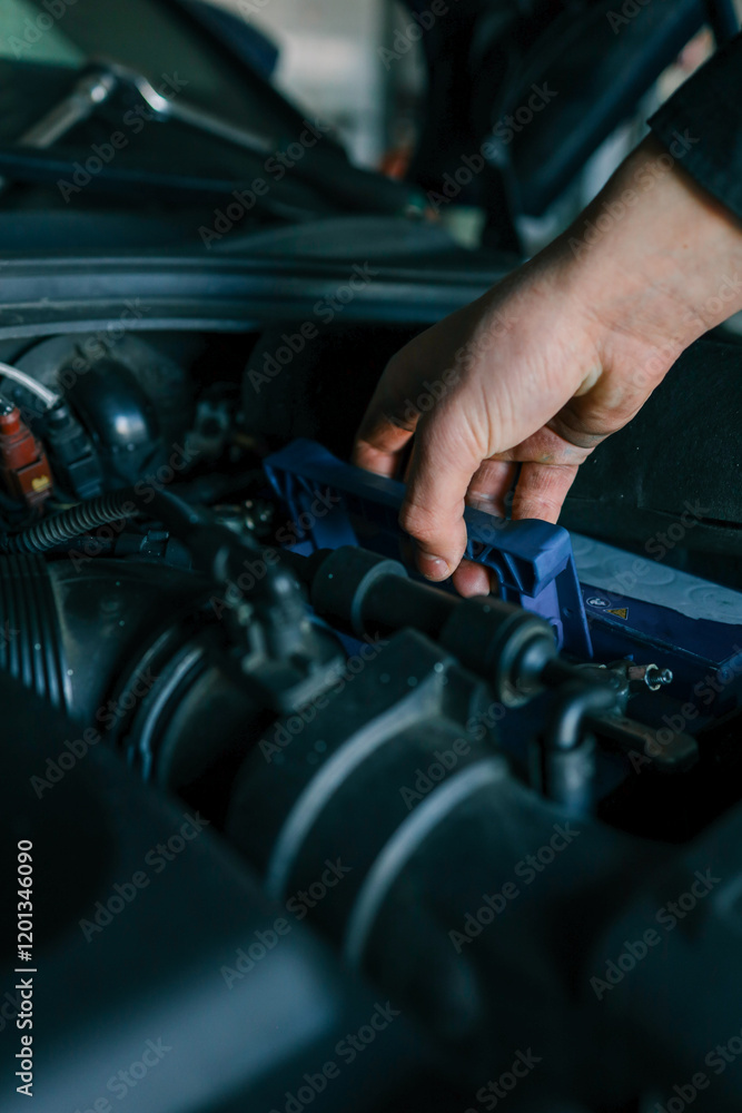 Poster a mechanic's hand replacing a car battery in the engine compartment of a modern vehicle during maint