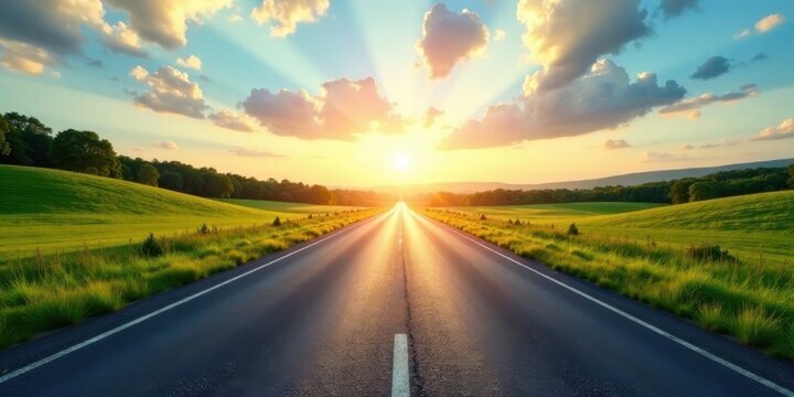 Asphalt ribbon unwinding towards a vibrant sunset over rolling green hills, promising adventure and new horizons on a summer evening