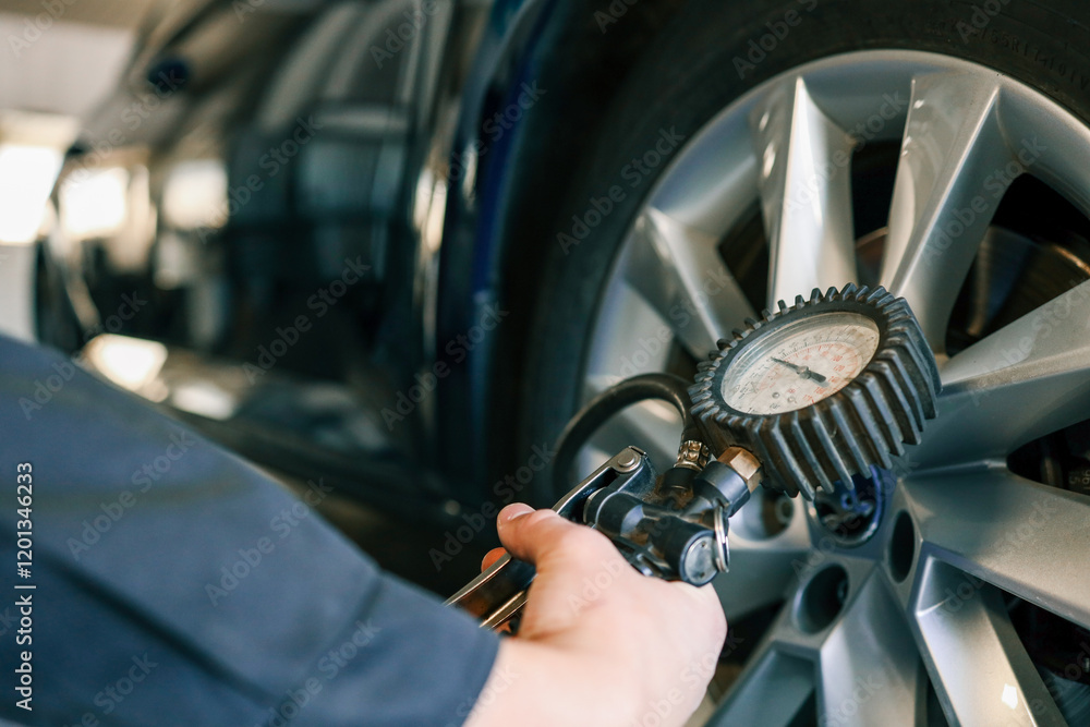 Poster a mechanic checks tire pressure with a gauge during routine car maintenance in a garage. focus on th