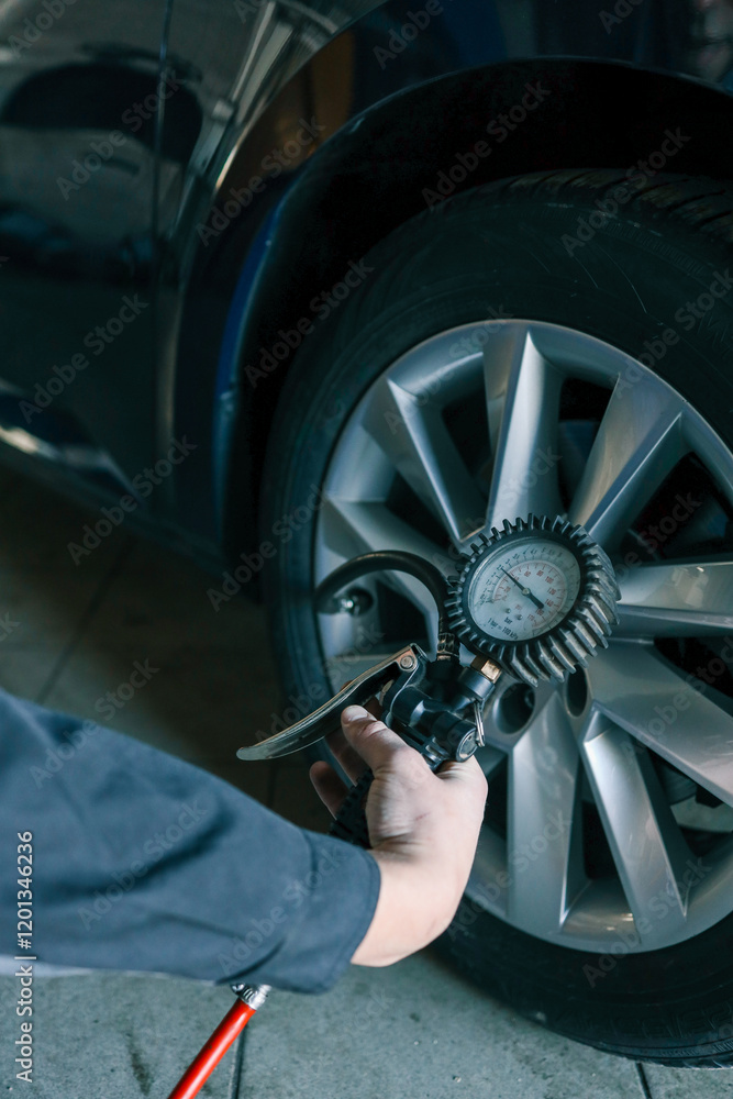 Poster A mechanic checks tire pressure with a gauge during routine car maintenance in a garage. Focus on the wheel and the instrument ensuring optimal vehicle safety and performance