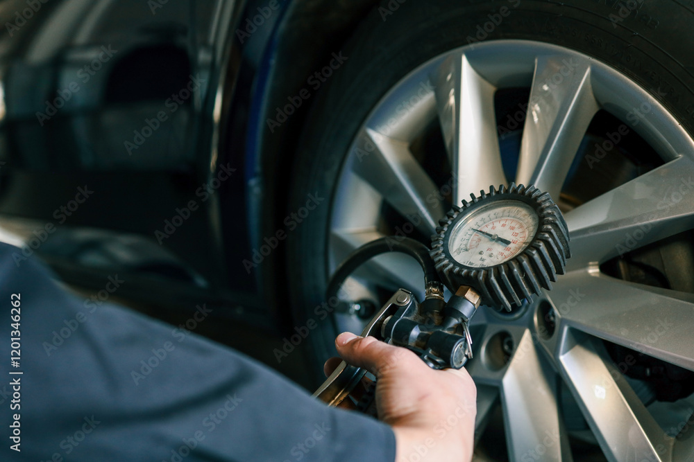 Poster A mechanic checks tire pressure with a gauge during routine car maintenance in a garage. Focus on the wheel and the instrument ensuring optimal vehicle safety and performance