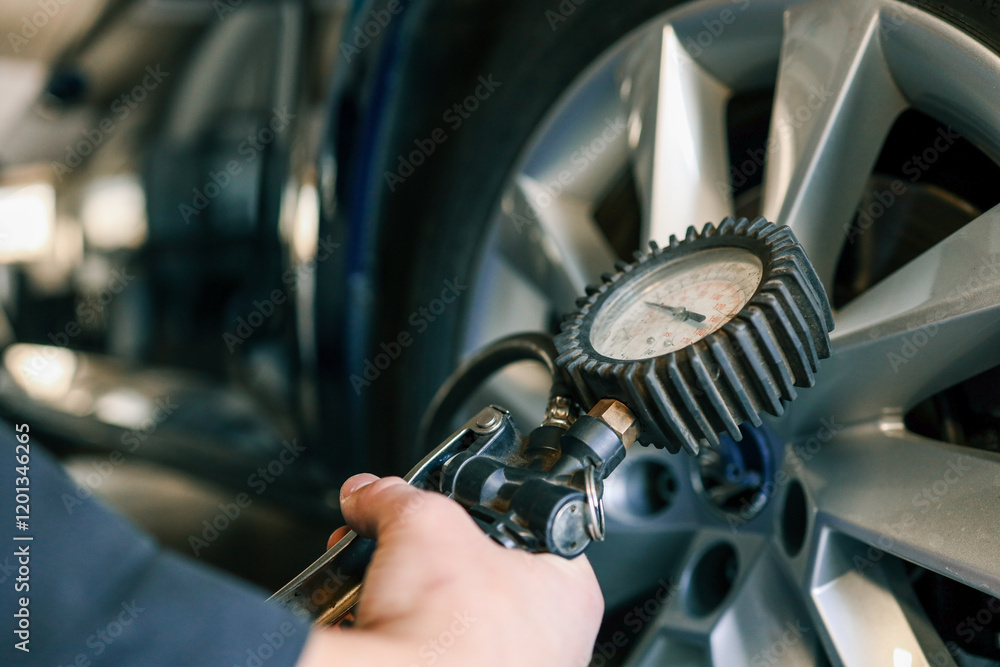 Poster A mechanic checks tire pressure with a gauge during routine car maintenance in a garage. Focus on the wheel and the instrument ensuring optimal vehicle safety and performance
