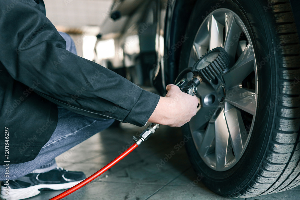 Poster A mechanic checks tire pressure with a gauge during routine car maintenance in a garage. Focus on the wheel and the instrument ensuring optimal vehicle safety and performance