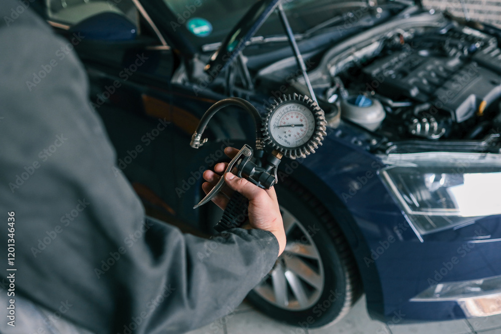 Poster a mechanic holding a tire pressure gauge with a car in the background during vehicle maintenance in 