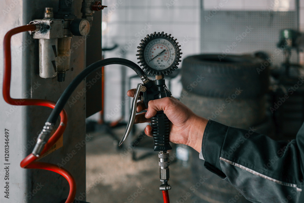 Poster a mechanic holding a tire pressure gauge attached to a red air hose in a professional workshop. the 