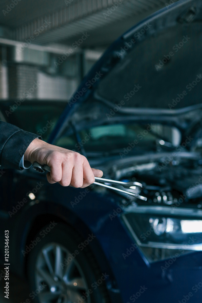 Poster a mechanic holding wrenches in front of an open car hood in a garage. the image emphasizes automotiv
