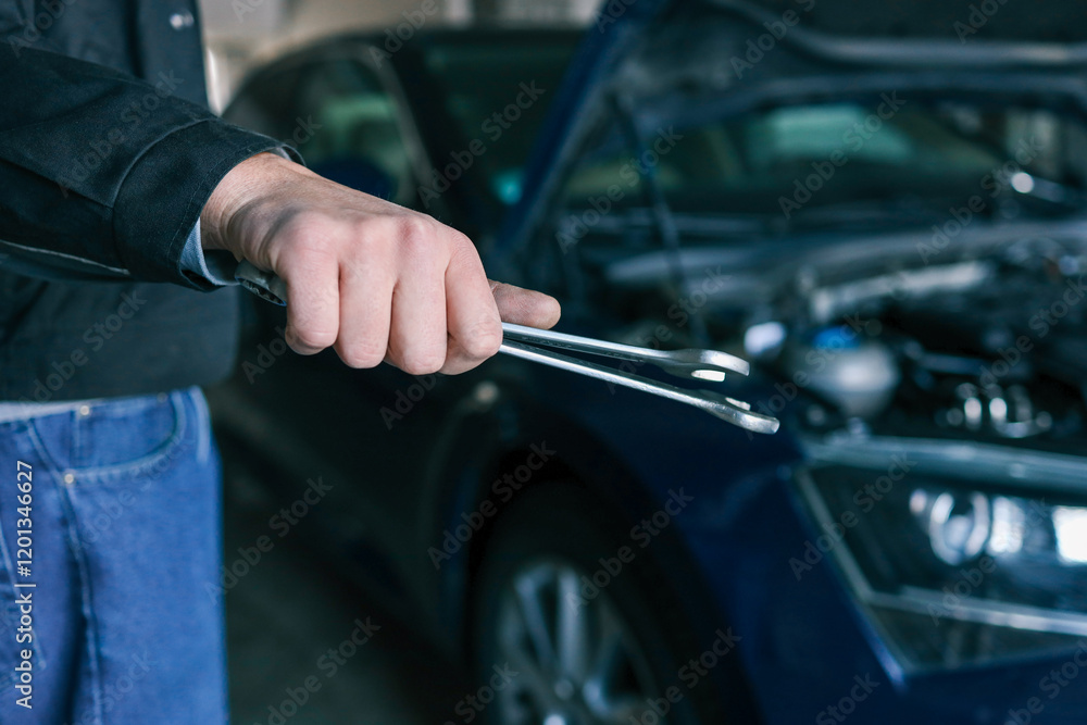 Poster A mechanic holding wrenches in front of an open car hood in a garage. The image emphasizes automotive repair tools and professional car maintenance in a workshop setting