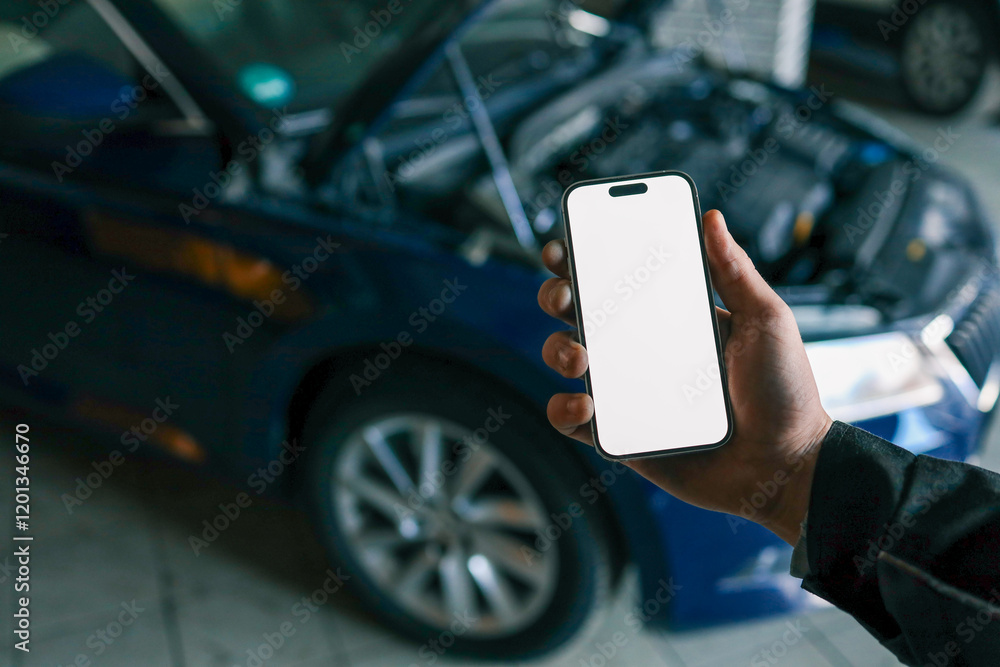 Poster hand holding a smartphone with a blank screen in front of an open car hood, showing the engine compa