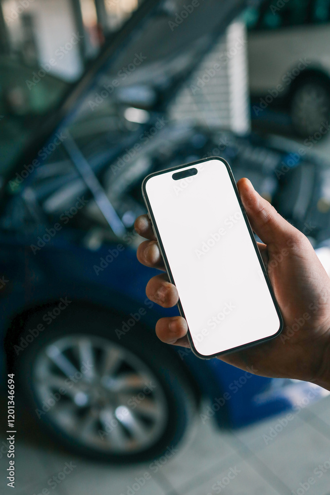 Poster hand holding a smartphone with a blank screen in front of an open car hood, showing the engine compa