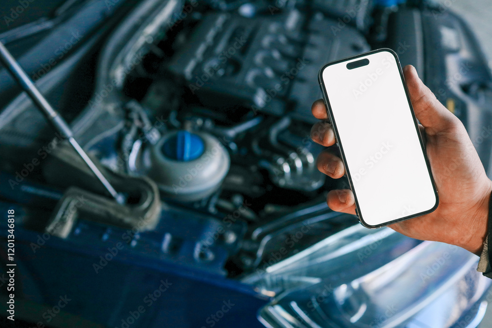 Poster Hand holding a smartphone with a blank screen in front of an open car hood, showing the engine compartment. Concept for car diagnostics, automotive apps, or remote vehicle monitoring