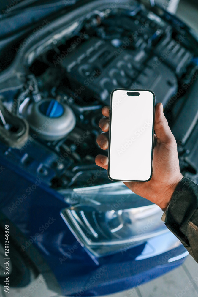 Aufkleber hand holding a smartphone with a blank screen in front of an open car hood, showing the engine compa