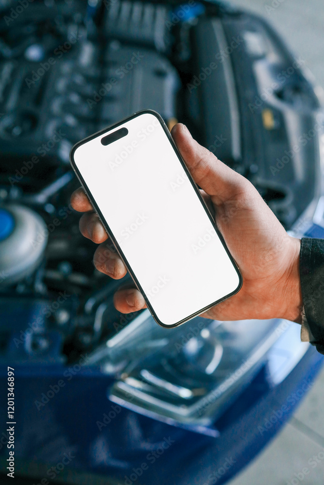 Poster Hand holding a smartphone with a blank screen in front of an open car hood, showing the engine compartment. Concept for car diagnostics, automotive apps, or remote vehicle monitoring
