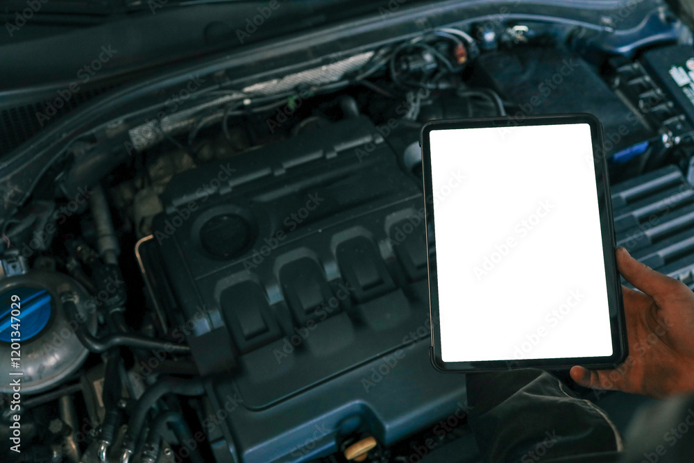 Poster a tablet with a blank screen held by a mechanic above a car engine, symbolizing modern diagnostic to