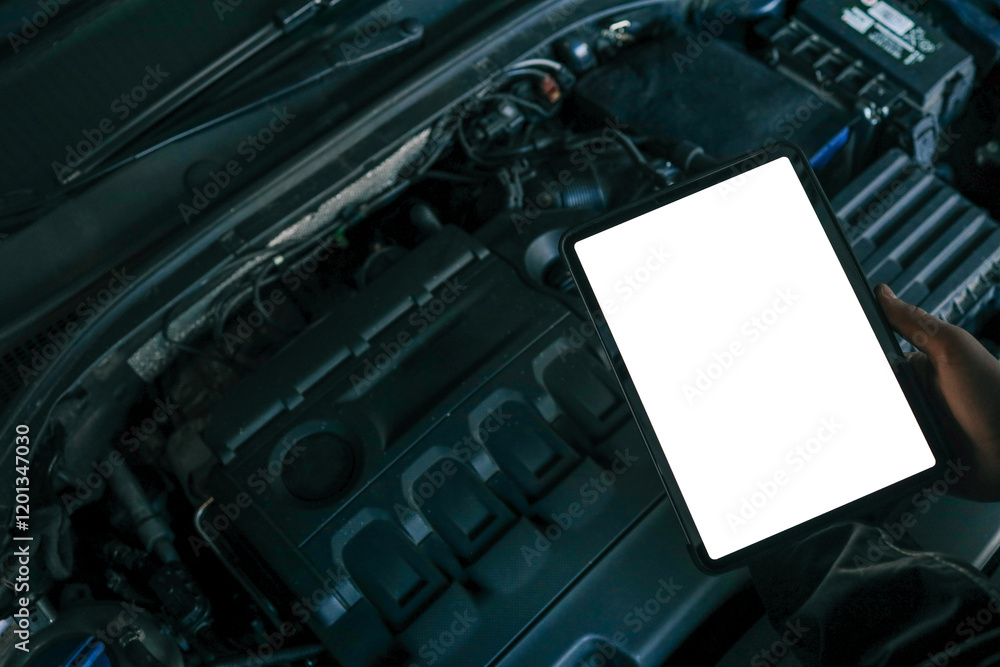 Poster a tablet with a blank screen held by a mechanic above a car engine, symbolizing modern diagnostic to